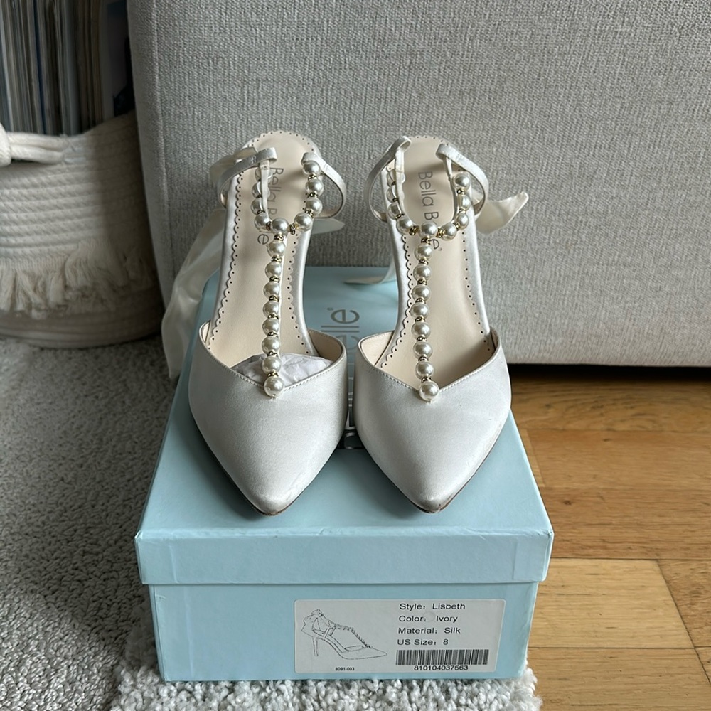 Bella Belle Lisbeth heels. Pearl T-Strap Ivory Heels with Ankle Wrap Bow